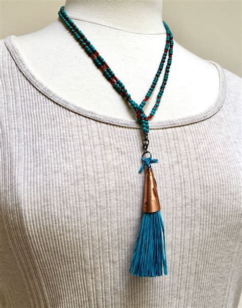 Long Beaded Necklace With Handmade Silk Tassel Turquoise Beads And