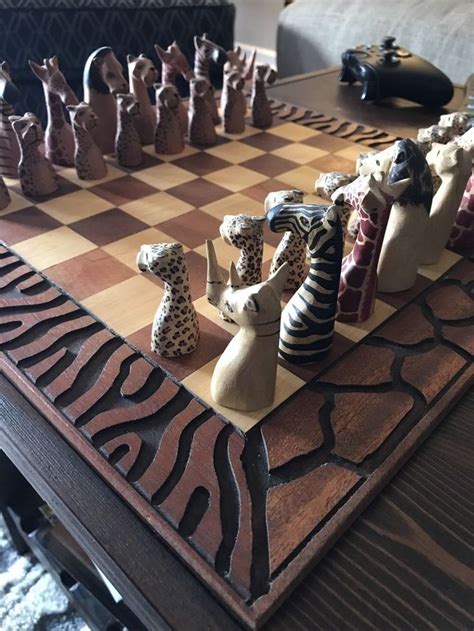 Hand Crafted African Chess Set From Kenya With Hand Carved Animal