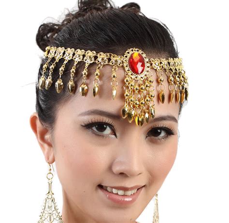 Belly Dance Costume Red Gem Headwear Bead Gold Coin Dancer Dancing