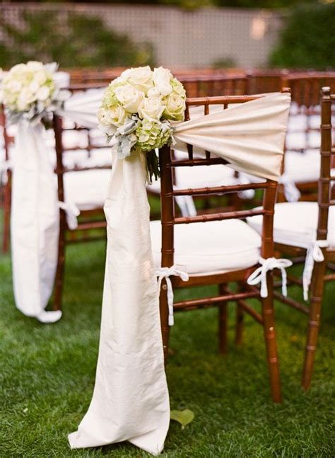 Pew decor, hydrangeas, wedding flowers, ceremony decor,add pic source on comment and we will update it. Silk Wrap on Ceremony Chairs With Rose and Hydrangea ...