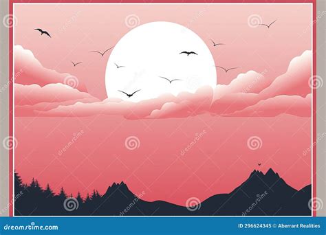 A Pink Sky With Birds Flying Over Mountains And A Full Moon Stock