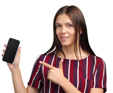 Premium Photo Smiling Young Woman Showing Blank Smartphone Screen