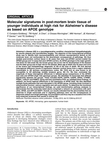 Pdf Molecular Signatures In Post Mortem Brain Tissue Of Younger