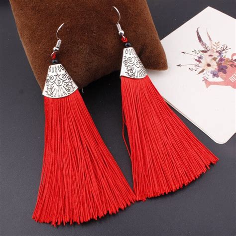 hocole bohemian crystal tassel earrings black white blue red pink silk fabric long drop dangle