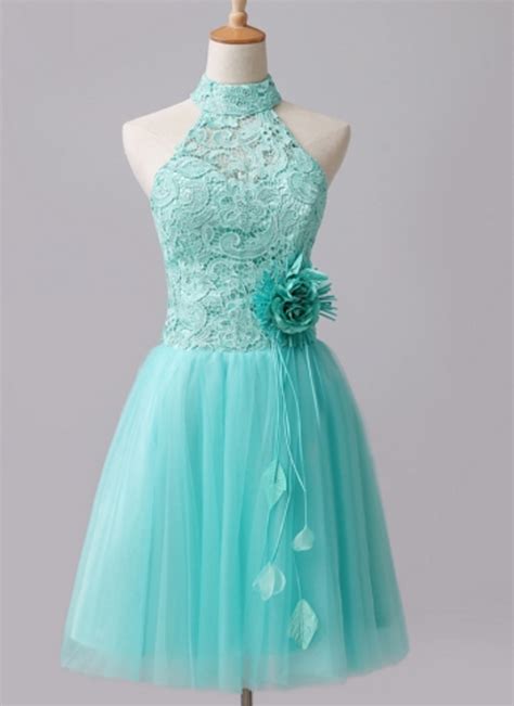 Mint A Line Halter Lace Flowers Short Homecoming Dress Prom Dresses