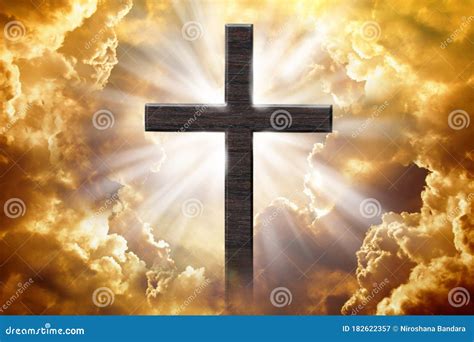 Shining Cross In Clouds On Blue Sky Copy Space Ascension Day Concept
