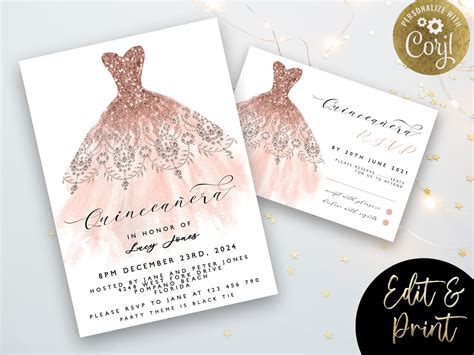 Quinceanera Invitation Plus Rsvp Rose Gold Th Birthday Dress Glitter