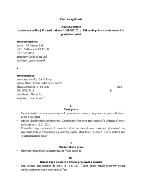 Pracovná Zmluva Vzor Na Vyplnenie Pdf