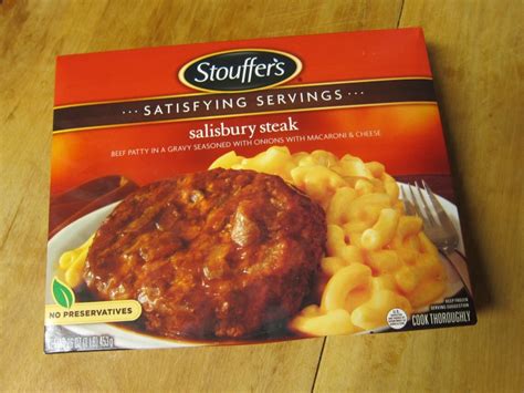 Stouffer's single serve salisbury steak frozen meal contains a roasted patty made with beef topped with onions and gravy and a side of frozen mac and cheese. Microwavable Meals | DontPayFull