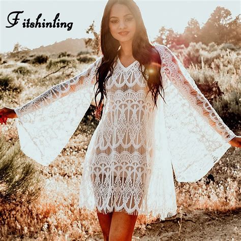 Buy Fitshinling 2019 Spring Summer Beach Dress Flare Sleeve Sheer Lace Pareos