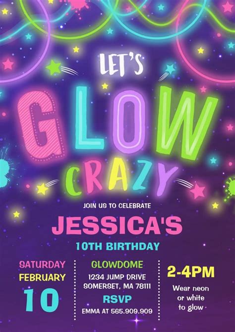 Glow Birthday Invitation Neon Glow Dance Party Zazzle Neon Party