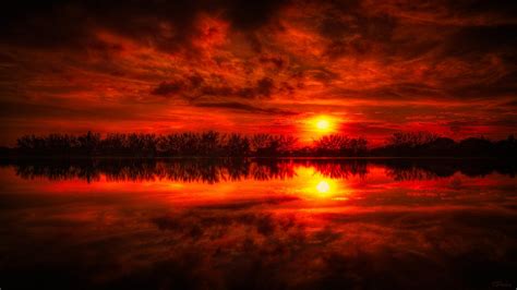Red Sunset Peaceful Lake Reflections Nature Landscapes Wallpaper Hd 3840x2160 : Wallpapers13.com