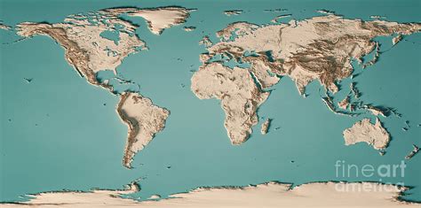 World Map 3d Render Topographic Map Neutral Digital Art By Frank