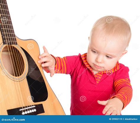 Cute Little Baby Musician Playing Guitar Isolated On White Backg