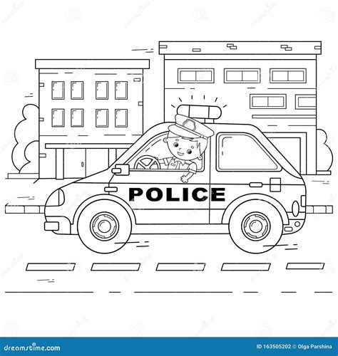 Coloring Page Outline Of Cartoon Policeman With Car Profession Police