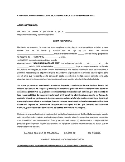 Carta Responsiva Nc Menores De Edad Carta Responsiva Para Firma