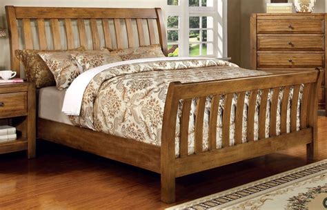 Conrad Rustic Oak Queen Sleigh Bed Paneled Headboard And Footboard From