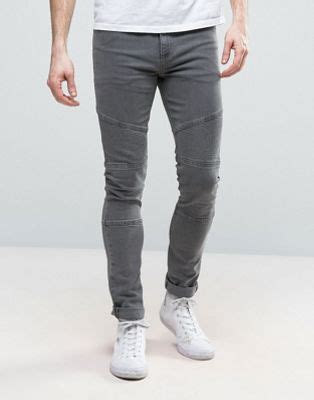 ASOS Super Skinny Jeans With Biker Details In Grey ASOS