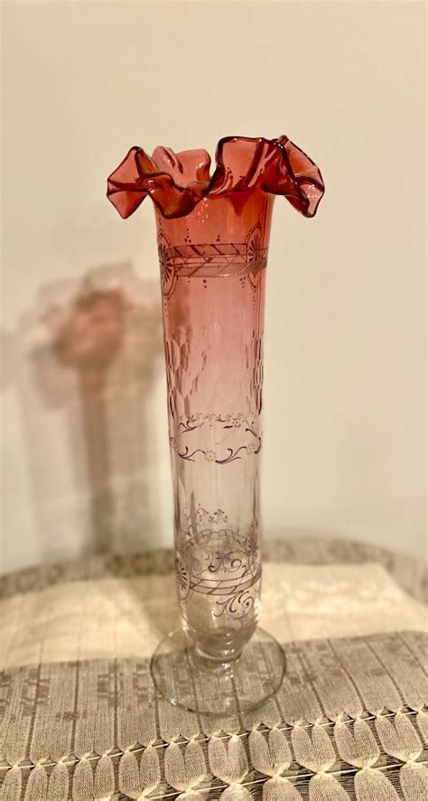 Antique Tall Moser Cranberry To Clear Glass Vase With Pedestal Etsy