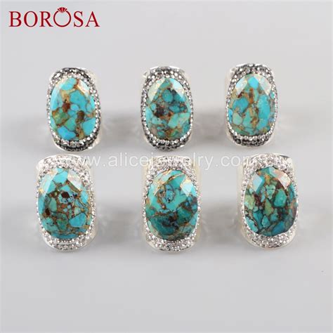 BOROSA 5PCS Natural Gold Line Turquoises Silver Color Band Rings