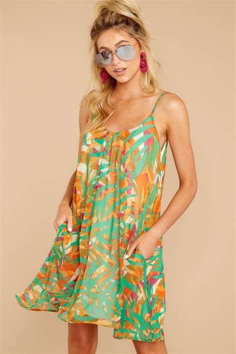Fun Orange Tropical Print Dress Short Flowy Sun Dress Dress 49