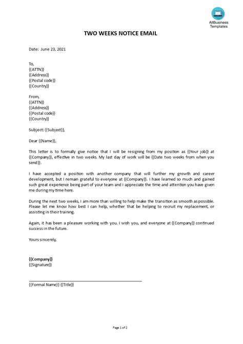 Resignation Letter Week Notice Gratis