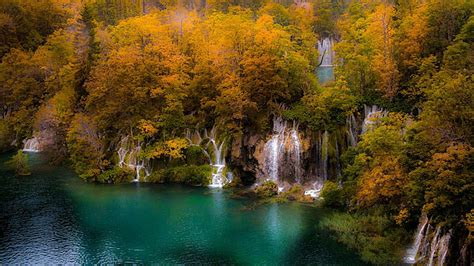 Aerial View Of Waterfalls Colorful Autumn Trees Forest River Hd Autumn