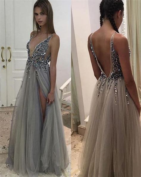 Sexy V Neck Grey Long Prom Dress With Side Slit 2018 Prom Dress Party