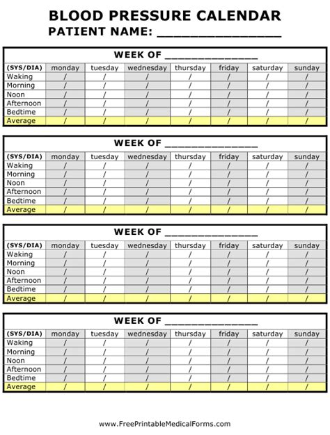 Weekly Blood Pressure Calendar Template Download Printable Pdf