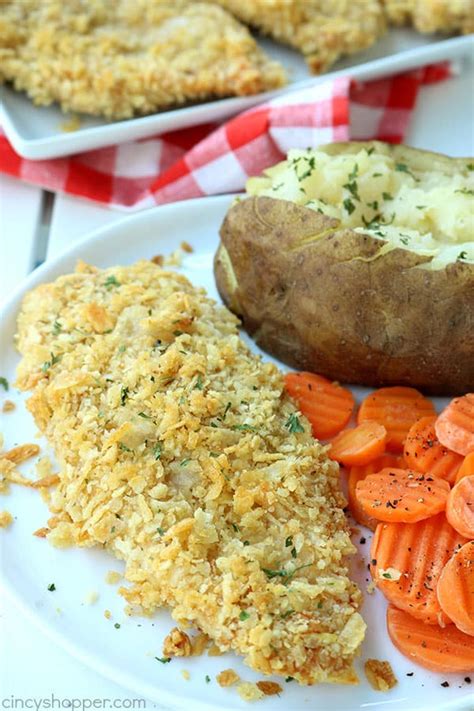 The inside of the chicken stays nice and juicy from a quick bake in the oven, while the crushed potato chips on the outside get even more crunchy. Potato Chip Crusted Chicken - CincyShopper