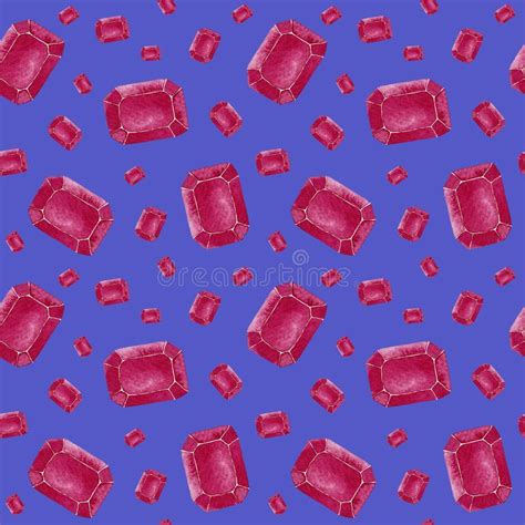 Seamless Watercolor Pattern Crystals Ruby On Blue Background Stock