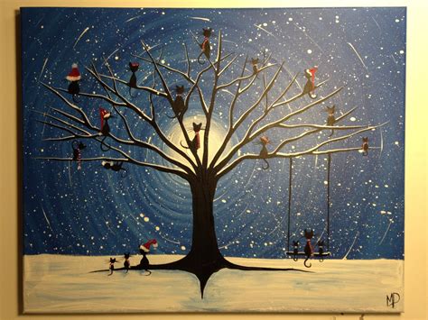 Original Whimsical Acrylic Painting The Catmas Tree 16 X 20