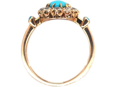 Edwardian Ct Gold Turquoise Diamond Oval Cluster Ring With