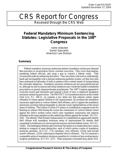 Federal Mandatory Minimum Sentencing Statutes Legislative Proposals In The 108th Congress