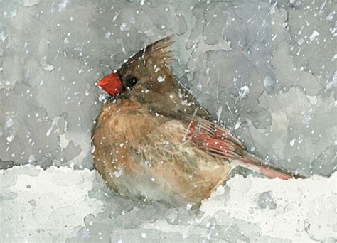Female Cardinal In Snow Watercolor Print Watercolor Bird Watercolor Art Painting Snow