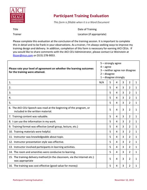 Training Evaluation Form Template Free Printable Templates