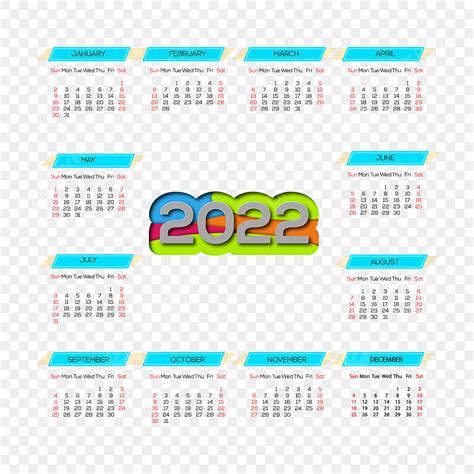 2022 Calendário Conceito Quadrado Multicolor Png Plano Gráfico
