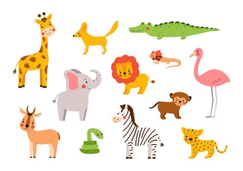 Wild African Animals Drawn In Cartoon Style Funny Vector Illustration