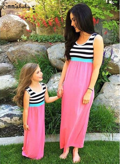 Mother And Daughter Casual Boho Stripe Maxi Dress Mommy Me Matching Summer Sundress In Matching