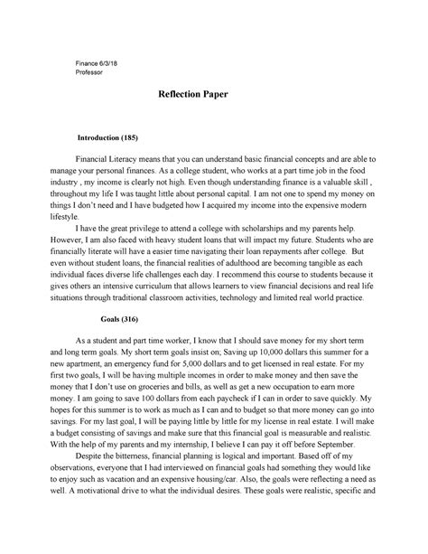 Reflection Paper For Finance Grade B 6318 Professor Introduction