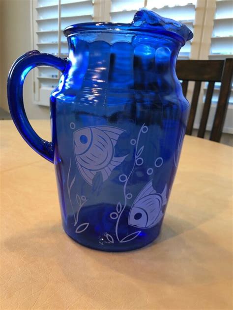 Hazel Atlas Depression Era Cobalt Fish Blue Pitcher With Lip