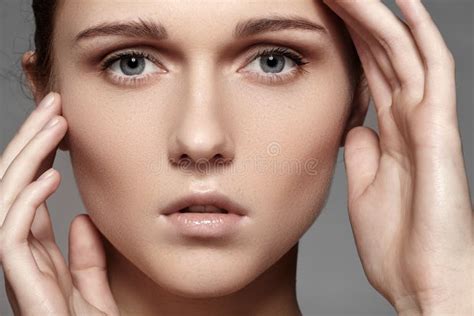 Beauty Skincare Natural Make Up Woman Model Face With Pure Skin Clean Visage Stock Photo