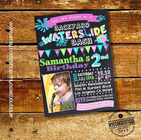 Waterslide Pool Backyard Bash Birthday Party Invitation Teal Pink Girl