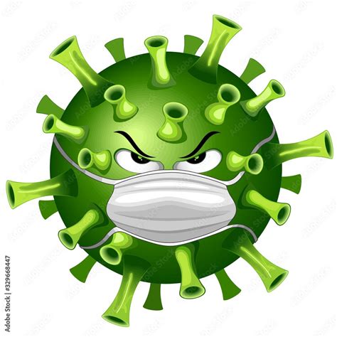 Coronavirus Evil Virus Cartoon Character With Face Mask Against Covid