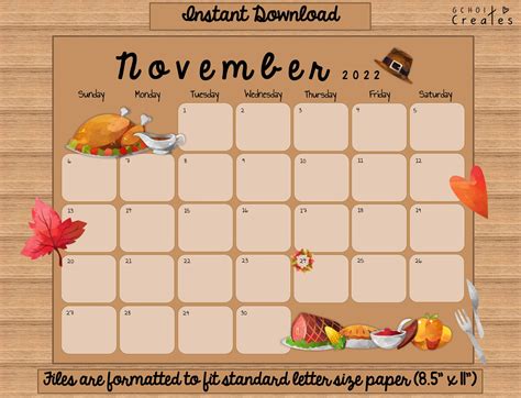 November Calendar Thanksgiving Theme Etsy