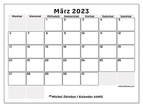 Kalender März 2023 Felder Ms Michel Zbinden Ch
