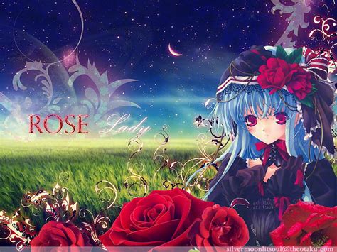 Rose Lady Red Eye Red Dress Scenic Grass Rose Moon Green Anime
