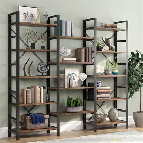 Tribesigns Rustic Triple Wide 5 Shelf Bookcase 5 Tier Etagere Large