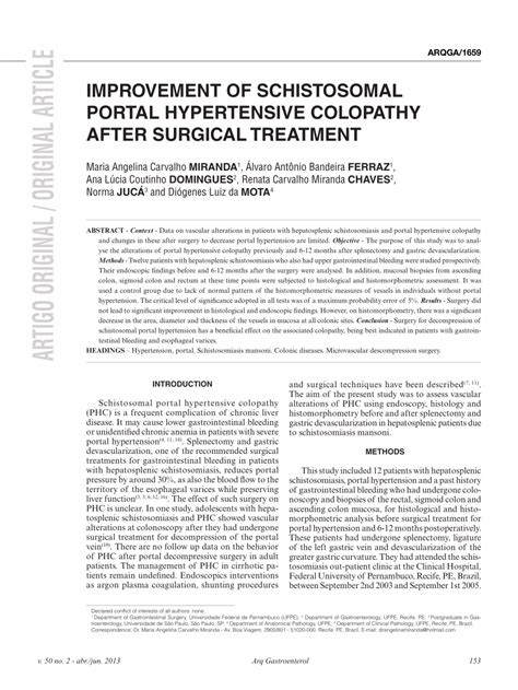 Pdf Improvement Of Schistosomal Portal Hypertensive Colopathy After