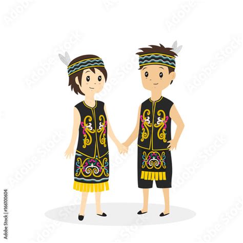 Indonesia Dayak Couple Wearing Traditional Dress Vector Illustration Buy This Stock Vector